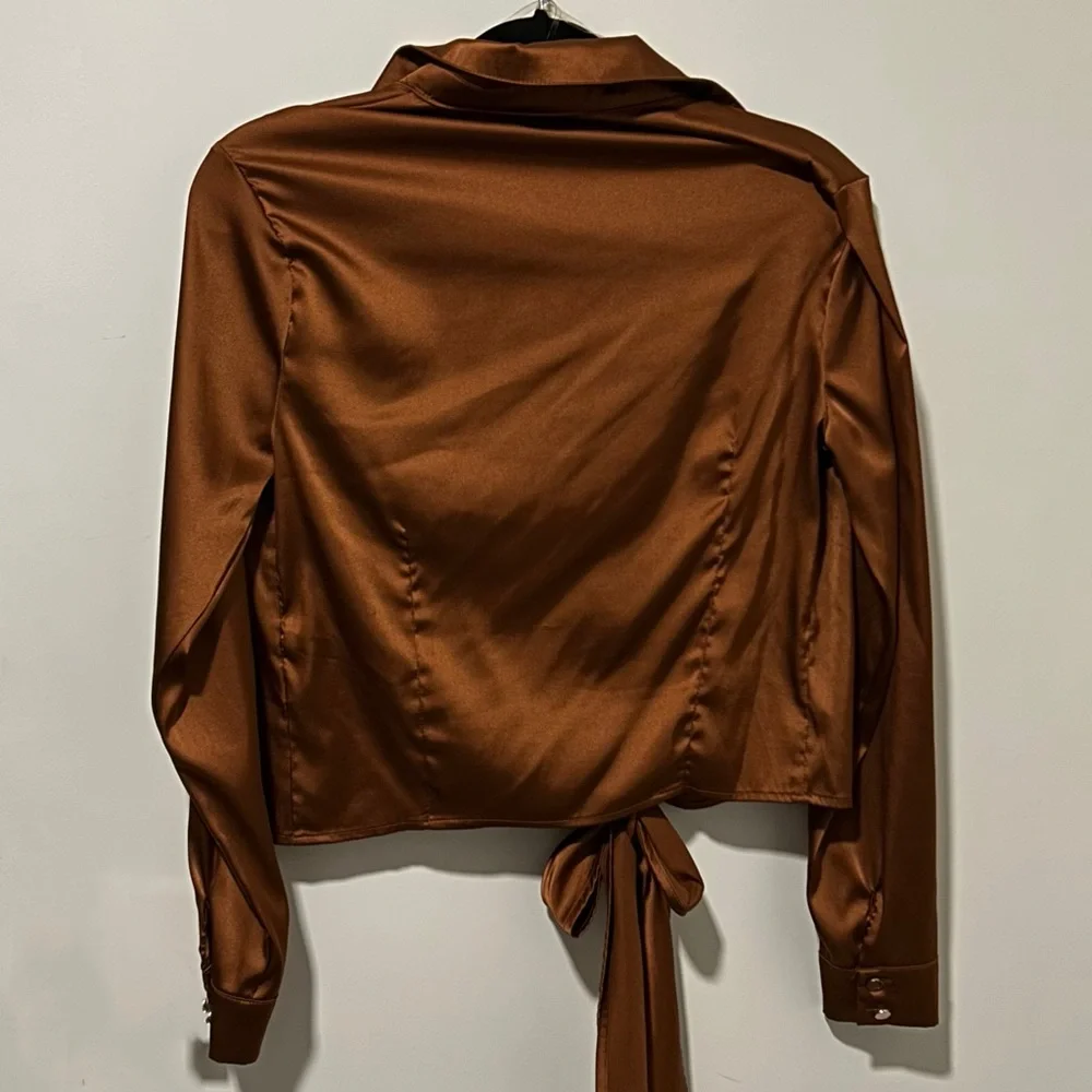Brown Tie-Front Satin Blouse - Picture 2 of 4